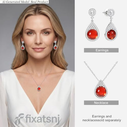 Women Trendy Faux Crystal Pendant Necklace 18K Gold/Silver Plated | CZ Halo Teardrop Drop Pendant Necklace Lightweight Fashion Jewelry Set Stackable For Wedding Daily Wear - color: Red