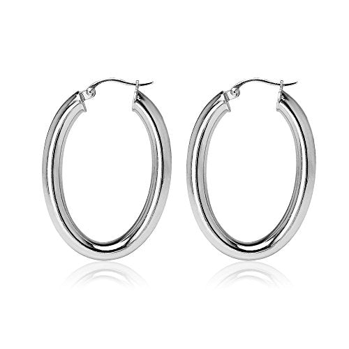Hoops & Loops 925 Sterling Silver 4mm Thick Oval Diamond-Cut Hoop Earrings, 25mm 30mm, Silver, Yellow Gold, Rose Gold & Black - color: Silver 25mm-1''