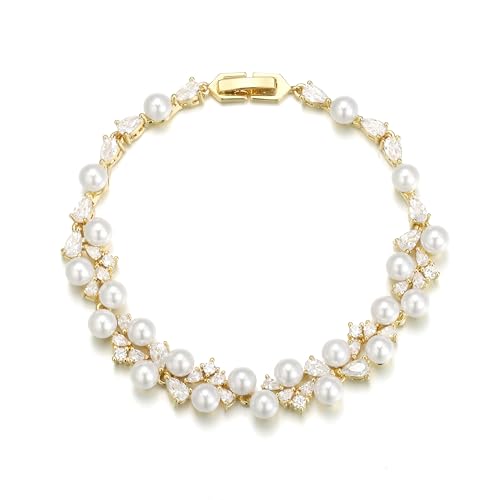 EVER FAITH Cubic Zirconia Pearl Bridal Prom Tennis Bracelet for Women | Elegant Pear CZ Wedding Jewelry Gift, for Bride Bridesmaid - style: Drop_Gold-Plated-Brass