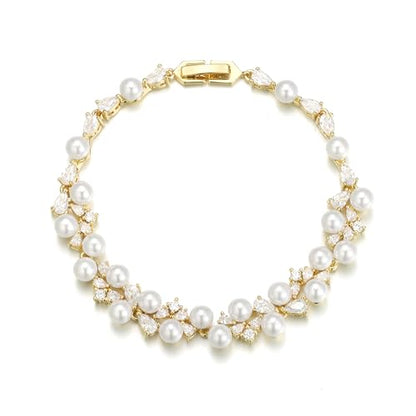 EVER FAITH Cubic Zirconia Pearl Bridal Prom Tennis Bracelet for Women | Elegant Pear CZ Wedding Jewelry Gift, for Bride Bridesmaid - style: Drop_Gold-Plated-Brass