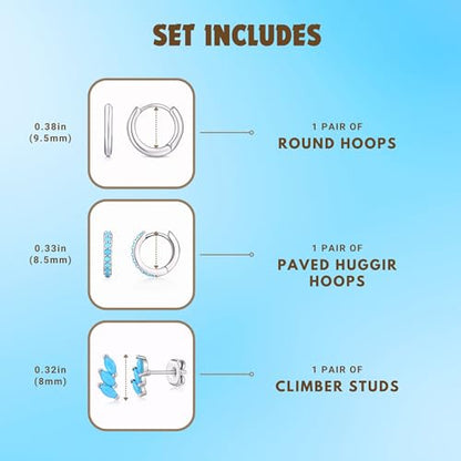 3 Pairs Mini Hoop Earrings Set Turquoise Cubic Zirconia Huggie Hoop Cartilage Earring Ear Cuff for Women (Turquoise/CZ) - color: *Turquoise-G