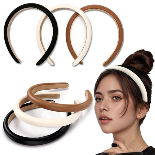 3 Pcs Padded Headbands for Women, Solid Color Leather Headbands, Fashion Headwear, Girls Women Hair Accessories (Black + white + brown)