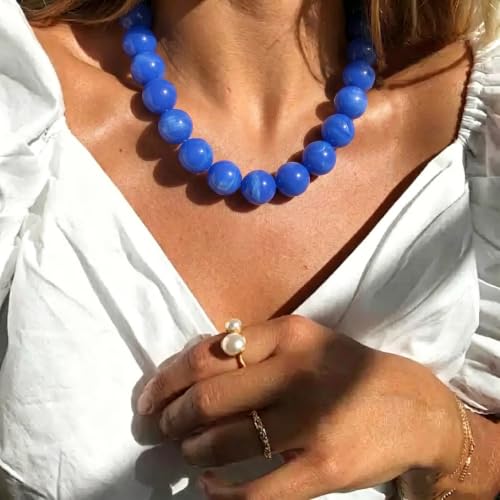 Chunky Necklaces for Women Trendy 20MM Large Resin Beaded Necklace Bold Statement Chunky Choker Necklace Boho Beads Summer Beach Jewelry - color: Blue