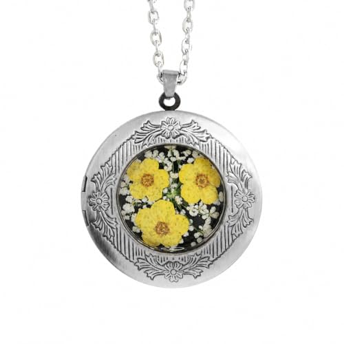 Handmade Oval Shaped Photo Locket with dried Pressed Flowers Locket pendant Necklace - style: Round Yellow Forgetmenot-Silver