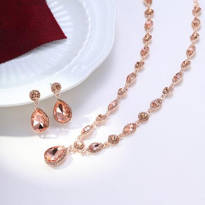 EleQueen Women's Teardrop Necklace Earrings Jewellery Set for Party Prom | Wedding Bridal Costume Jewelry Set for Brides Bridesmaids, Crystal Teardrop Necklace Dangle Earrings - color: Rose Gold-Tone