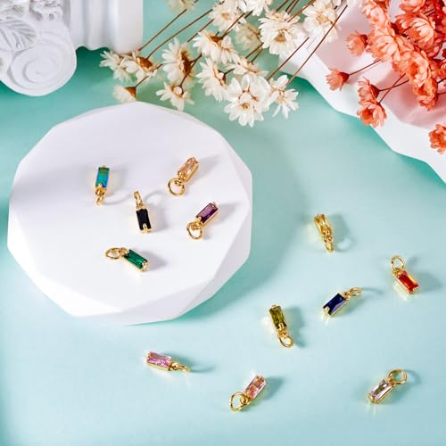 Pandahall 12Pcs 18K Gold Plated Rectangle Charms Cubic Zirconia Birthstone Charms Brass Crystal CZ Stone Pendants with Jump Ring for Jewelry Making Necklace Bracelet Earring