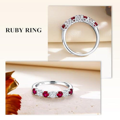 Birthstone Wedding Band Eternity Rings 925 Sterling Silver Rings Stackable Anniversary Engagement Rings Cubic Zirconia Inlaid Created Garnet/Amethyst/Sapphire Ring 7 Stone Ring, Size 6 to 10 - color: Ruby & 5A CZ