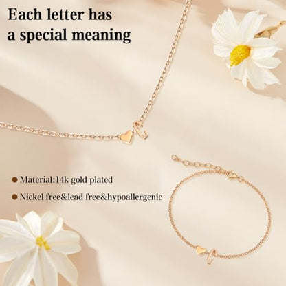 Gold Bracelets For Women Heart Initial Letter Pendant Necklace and Bracelet Set Personalized Jewelry Sets for Women Birthday Gifts for Mom Her Daughter Initial Necklace 14K Silver Plated - style: Gold-C