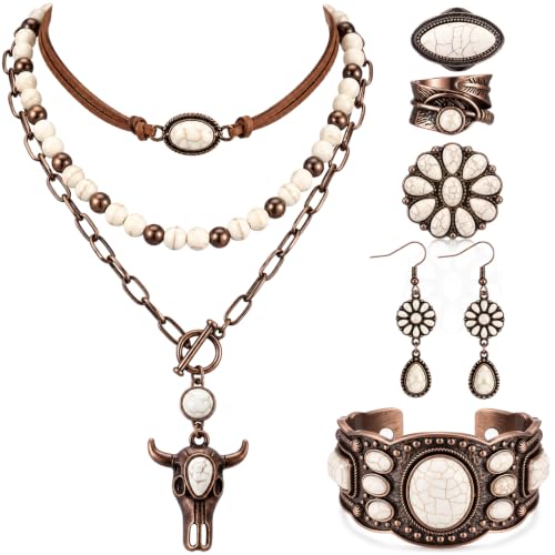 Ecally Bohemian Western Jewelry Turquoise Set Women Country Pendant Long Choker Layered Bracelets Earrings Ring for Women - color: White, style: Retro