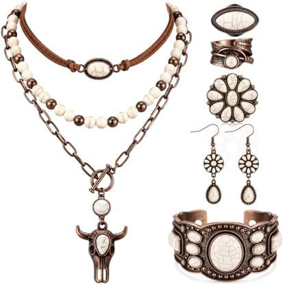 Ecally Bohemian Western Jewelry Turquoise Set Women Country Pendant Long Choker Layered Bracelets Earrings Ring for Women - color: White, style: Retro