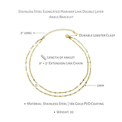 Stainless Steel Chain Ankle Bracelet for Women Adjustable Waterproof Anklet - color: Gold / Double Layer Elongated Mariner