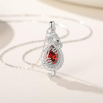 Dragon Necklace Sterling Silver Wyvern Pendant Jewelry with Teardrop Birthstone Gifs for Women - style: Dragon necklace-Garnet stone