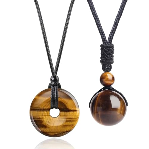 2pcs Natural Crystal Stone Lucky Coin Crystal Necklace Donut Pendnat, 16mm Stone Bead Pendant for Women and Men Necklace - color: Tiger's Eye