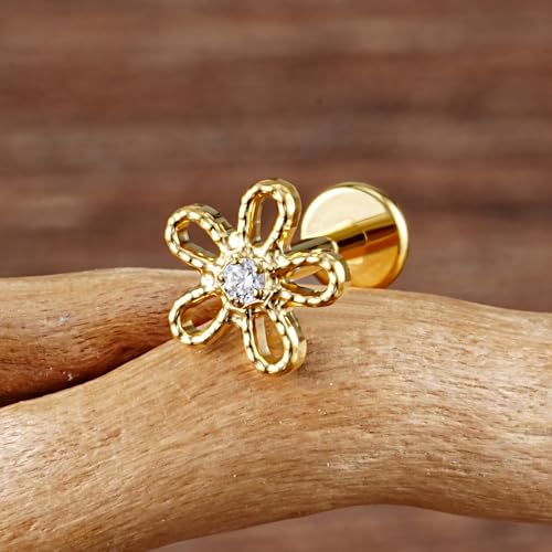 FINE4U 1PC ASTM F136 Titanium 16G Flatback Stud for Tragus, Helix, Conch 6mm 8mm - Screw on Cartilage Earring Piercing Jewelry - color: Flower - Gold