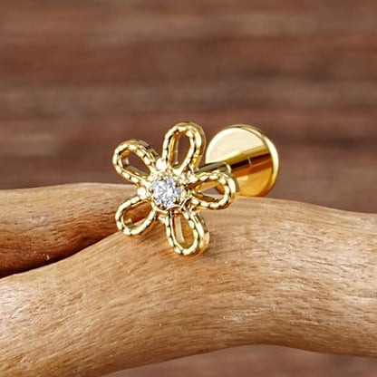 FINE4U 1PC ASTM F136 Titanium 16G Flatback Stud for Tragus, Helix, Conch 6mm 8mm - Screw on Cartilage Earring Piercing Jewelry - color: Flower - Gold
