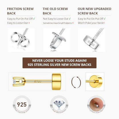 4 Pair Moissanite Stud Earrings,Flat Back Earrings for Women | 14K/White Gold Plated S925 Sterling Silver Flat Back Earrings Set, Hypoallergenic Cartilage Piercing Jewelry - color: 14K Gold
