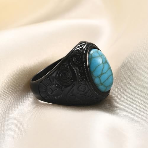 Retro Large Tiger Eye Stone Turquoise Wedding Ring For Men Classical Gothic Stainless Steel Rings - color: Black-Turquoise2