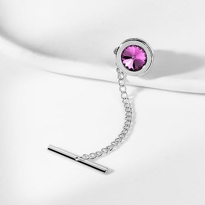 HAWSON Mens Tie Tack with Chain Round Crystal Wedding Business Accessories - color: Silver + Amethyst