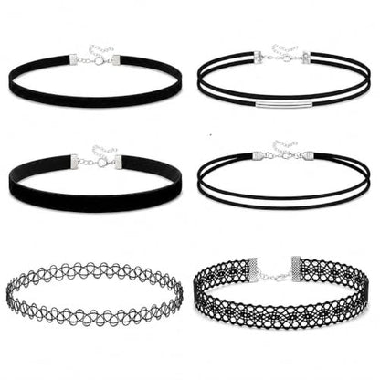6 Piece Black Choker Necklaces for Women, Gothic Velvet Lace Tattoo Set