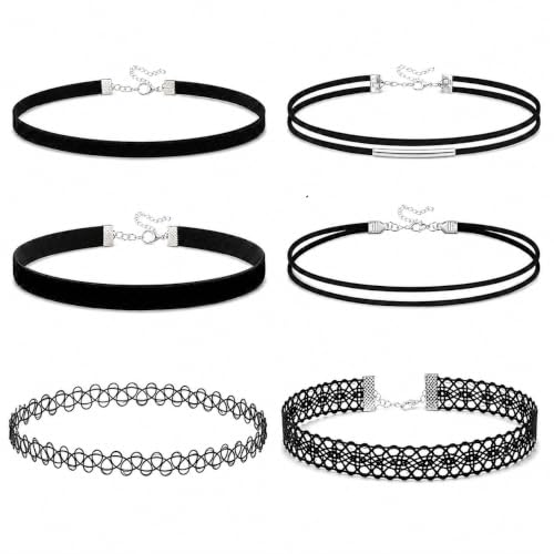 6 Piece Black Choker Necklaces for Women, Gothic Velvet Lace Tattoo Set