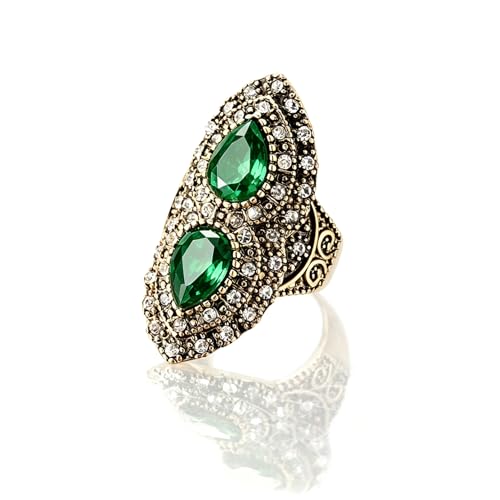 Vintage Two Stone Crystal Ring, Antique Gold Plated, Teardrop Gem Statement Ring, Bohemian Turkish Style Jewelry for Women - color: Ring_C green
