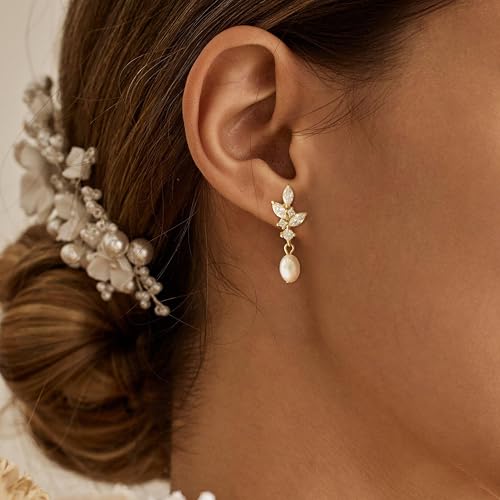 Pearl Earrings for Women:Gold Wedding Dangle Drop Earring Pearl Jewelry | 14K Gold Plated Pearl Drop Earrings for Women,Dainty Wedding Bride Earring Studs,Gold Dangle Drop Earring,Waterproof Jewelry - size: 1 pcs-12