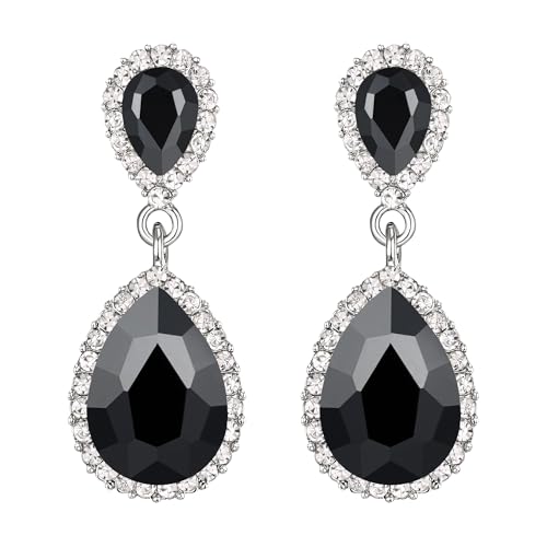 EVER FAITH Women's Austrian Crystal Wedding Tear Drop Dangle Earrings | Bridal Prom Jewelry for Bride Bridesmaid - color: Black Silver-Plated-Base
