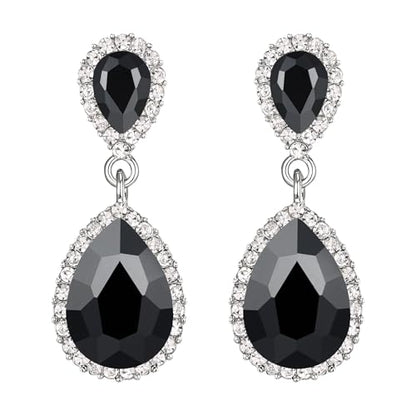 EVER FAITH Women's Austrian Crystal Wedding Tear Drop Dangle Earrings | Bridal Prom Jewelry for Bride Bridesmaid - color: Black Silver-Plated-Base