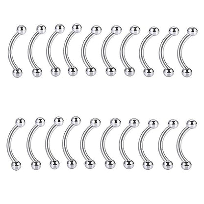 Bulk 20pc 16G Surgical Steel Curved Barbell 6mm-14mm Eyebrow Bar Ball Cone Ring Ear Piercing Jewelry Set - color: Shape: Ball, size: Bar Length: 14mm