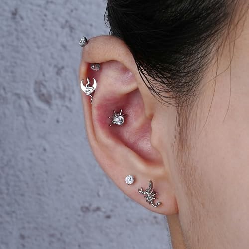 FINE4U 1PC ASTM F136 Titanium 16G Flatback Stud for Tragus, Helix, Conch 6mm 8mm - Screw on Cartilage Earring Piercing Jewelry - color: Sun CZ - Tit