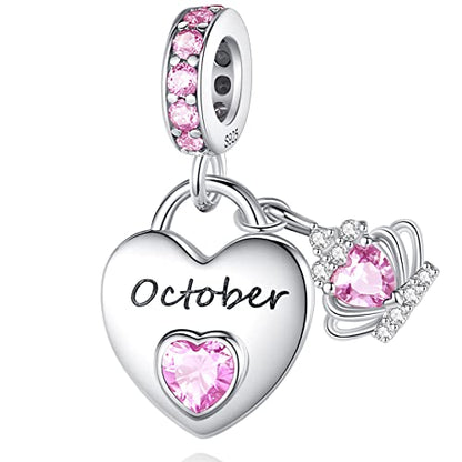 Birthstone Charms for Charms Bracelet: 925 Sterling Silver Heart Dangle Charms for Bracelets and Necklaces, Birthday Mother's Day Christmas Gifts For Women. - color: October