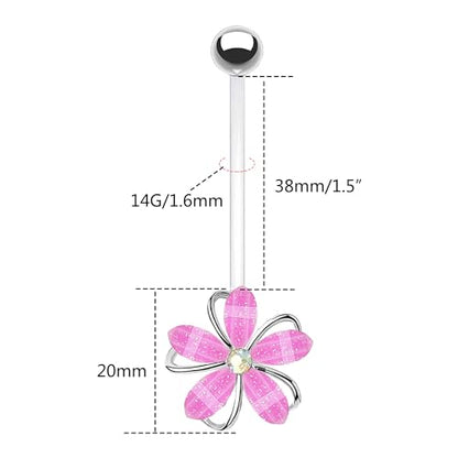 VERAMI 14G 38mm Pregnancy Belly Button Rings Flexible Bioplast Long Bar Flower Belly Rings for Maternity Clear Navel Piercing Retainer - color: Silver-pink flower