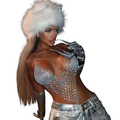 Bikini Rhinestone Mesh Top Shirt Crystal Bra Body Chain Festival Rave Crop Tank Top Summer Beach Underwear for Women - color: Silver