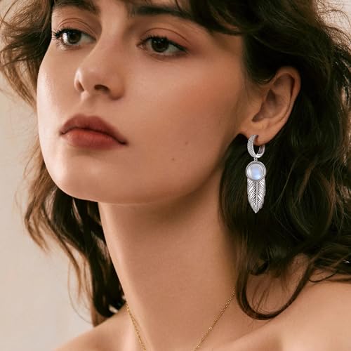 AVECON Feather Earrings for Women with 10mm Round Moss Agate/Moonstone/Mother of Pearl 925 Sterling Silver Dangle Earrings Lever Back Drop Earrings Jewelry Gifts for Her