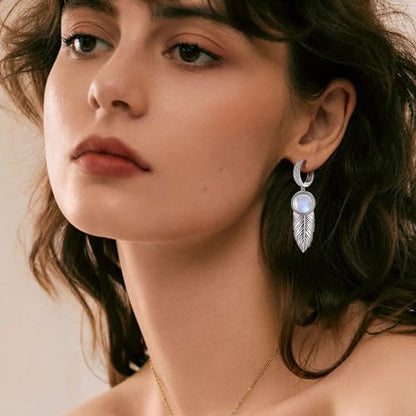 AVECON Feather Earrings for Women with 10mm Round Moss Agate/Moonstone/Mother of Pearl 925 Sterling Silver Dangle Earrings Lever Back Drop Earrings Jewelry Gifts for Her