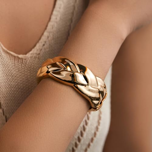 YBMYCM Chunky Gold Cuff Bangle Bracelets for Women Wide Gold Bangle Hammered Open Wrist Cuff Bracelets Wrap Bracelet - style: B-Gold