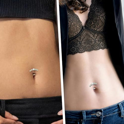 G23 Titanium Belly Jewelry 14G Flat Bottom Floating Belly Button Rings Curved Belly Barbell Navel Ring Belly Piercing 8/10/12/14mm Navel Rings Belly Piercings Jewelry for Women - color: Style5:Silver,5 Round White Opal