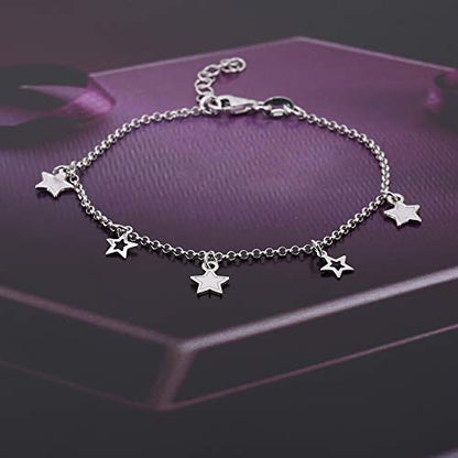 Vanbelle Sterling Silver Jewelry - Rhodium Plated 925 Stamp - Open and Close Hanging Star Charm Bracelet - Beautifully Handcrafted Bracelet for Women - 6.50" + 1" Extender