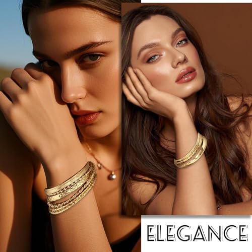 17IF Gold Bangle Bracelet For Women, 14k Multilayer Charm Textured Stackable Bracelets Boho Indian Chunky Cuff Fashion Jewelry Gift - style: 13 Pcs