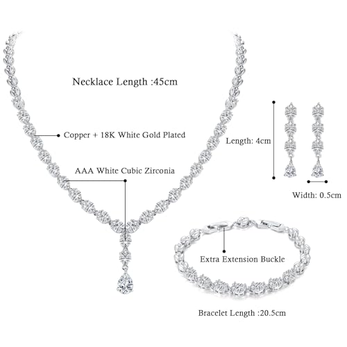 Jewelry Set for Women, Necklace Dangle Earrings Bracelet Set with White AAA Cubic Zirconia, Allergy Free Wedding Party Jewelry for Bridal Bridesmaid - color: Necklace+Earrings+Bracelet-Teardrop