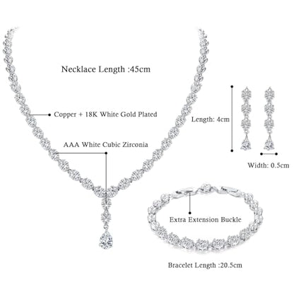 Jewelry Set for Women, Necklace Dangle Earrings Bracelet Set with White AAA Cubic Zirconia, Allergy Free Wedding Party Jewelry for Bridal Bridesmaid - color: Necklace+Earrings+Bracelet-Teardrop