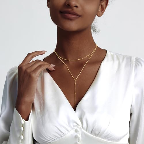 Zeffy Lariat Gold Necklace for Women, Dainty Long Necklace 14k Gold/Silver Plated Layered CZ Beaded Bar Chain Y-Shaped Body Chain Stack Drop Wedding Necklace Trendy Simple Gold Jewelry Gifts - color: Gold Bead Y Necklace (1PCS)
