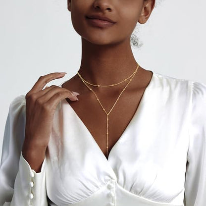 Zeffy Lariat Gold Necklace for Women, Dainty Long Necklace 14k Gold/Silver Plated Layered CZ Beaded Bar Chain Y-Shaped Body Chain Stack Drop Wedding Necklace Trendy Simple Gold Jewelry Gifts - color: Gold Bead Y Necklace (1PCS)