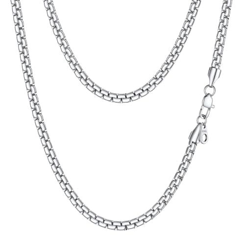 PROSTEEL Stainless Steel Flat Box Link Chain Necklace for Men | Silver/Black/18K Gold Plated,2/3/4/5/6/7/8mm Width Chain with Strong Lobster Clasp/Waterproof Men Women Jewelry with Gift Box - size: 24 inch(61cm), style: 4mm-Elegant Silver