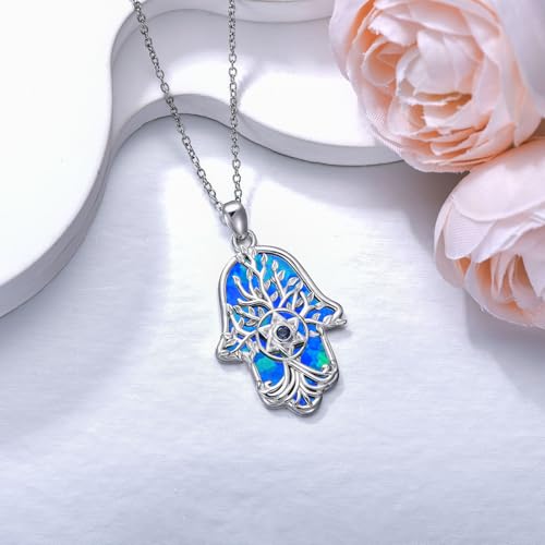 Hamsa Necklace 925 Sterling Silver Evil Eye/Lotus Flower/Star of David/Chai/Yin Yang Hamsa Hand Pendant Jewelry Hand of Fatima Gifts for Women - style: Star of David-Blue Opal
