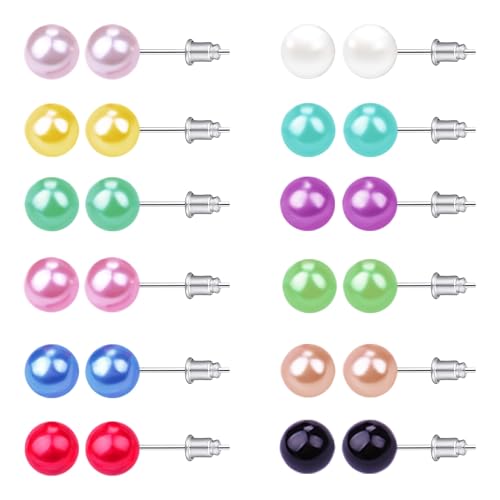 12 Pairs Colorful Pearl Stud Earrings for Women Stainless Steel Small Studs Set - color: Pearl: 8mm