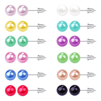 12 Pairs Colorful Pearl Stud Earrings for Women Stainless Steel Small Studs Set - color: Pearl: 8mm