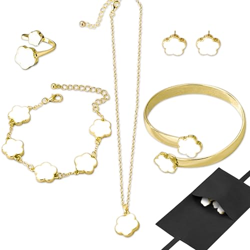Lucky Flower Alloy Jewelry, Lucky Flower Design Necklace Earrings Bracelet Bangle Ring Jewelry Set, Clover Gold Plated Chain Wrap Ornament & Plush Pouch for Women - color: White