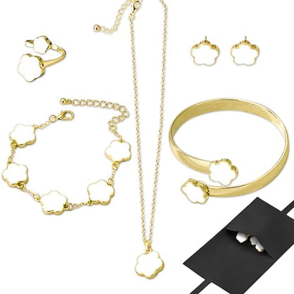 Lucky Flower Alloy Jewelry, Lucky Flower Design Necklace Earrings Bracelet Bangle Ring Jewelry Set, Clover Gold Plated Chain Wrap Ornament & Plush Pouch for Women - color: White