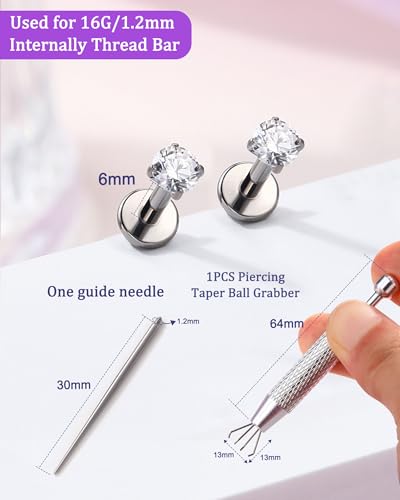 2PCS 20G/18G/16G Titanium Flat Back Nose Studs Internally Thread Cartilage Earring Studs Clear CZ Helix Tragus Earrings for Women Medusa Labret Stud Conch Piercing Jewelry Hypoallergenic - size: 1.2*6mm
